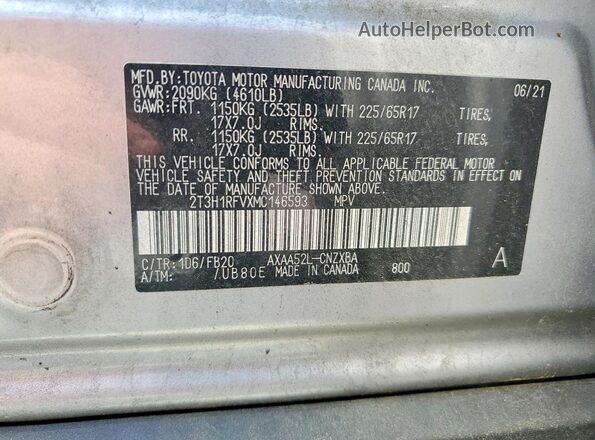 2T3H1RFVXMC146593 2021 TOYOTA RAV4 Silver Вид наклейки з VIN-кодом