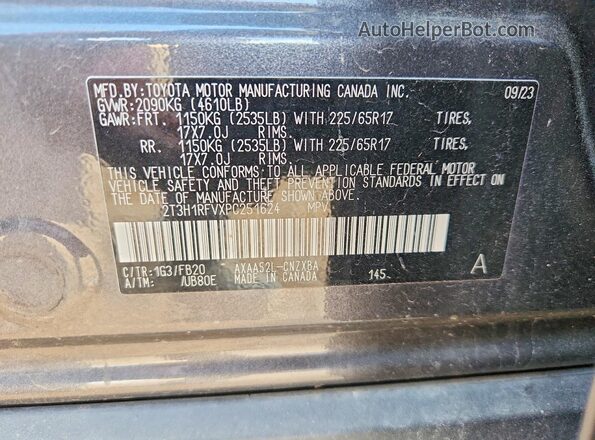 2T3H1RFVXPC251624 2023 TOYOTA RAV4 Charcoal VIN կոդի պիտակի տեսք