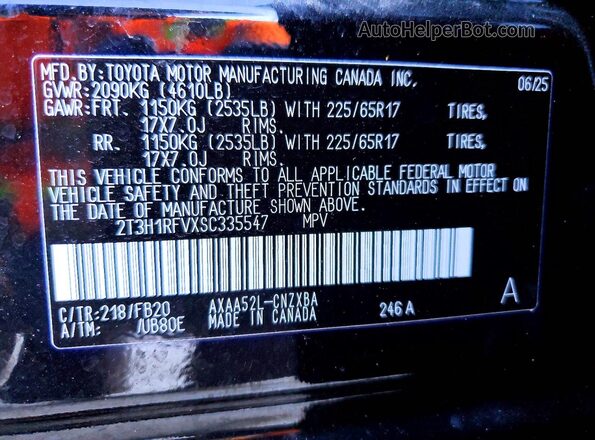 2T3H1RFVXSC335547 2025 TOYOTA RAV4 Black Widok naklejki z numerem VIN