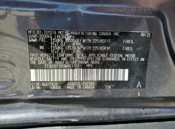 2T3H1RFVXSW403103 2025 TOYOTA RAV4 Charcoal VIN կոդի պիտակի տեսք