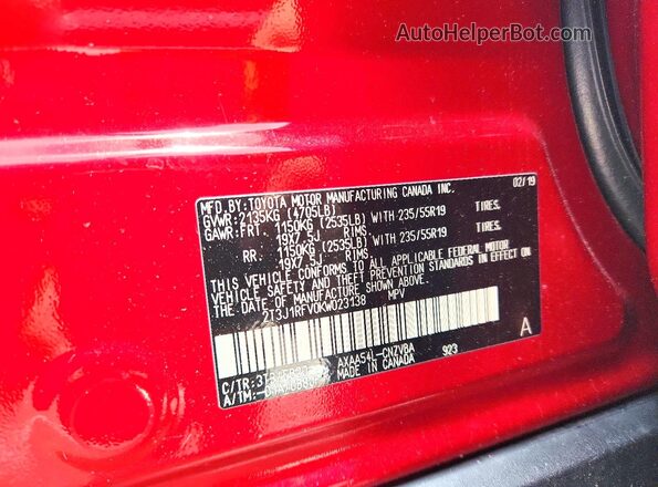 2T3J1RFV0KW023138 2019 TOYOTA RAV4 Burgundy VIN sticker view