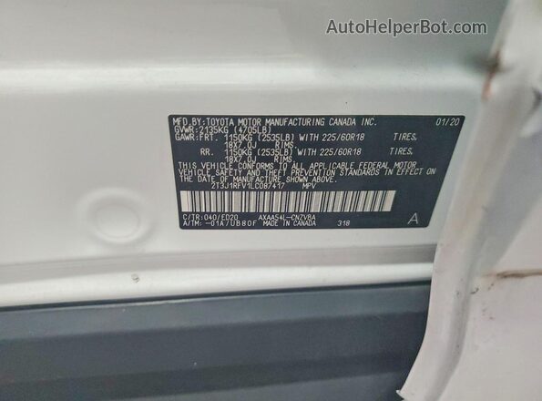 2T3J1RFV1LC087417 2020 TOYOTA RAV4 White VIN კოდის სტიკერის ხედი