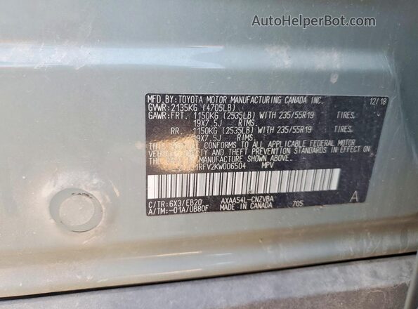 2T3J1RFV2KW006504 2019 TOYOTA RAV4 Gray VIN კოდის სტიკერის ხედი