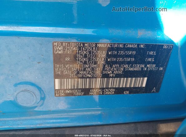 2T3J1RFV2MW210772 2021 TOYOTA RAV4 Blue Engine compartment view