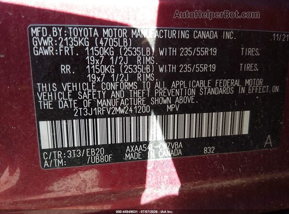 2T3J1RFV2MW241200 2021 TOYOTA RAV4 Red Widok komory silnika