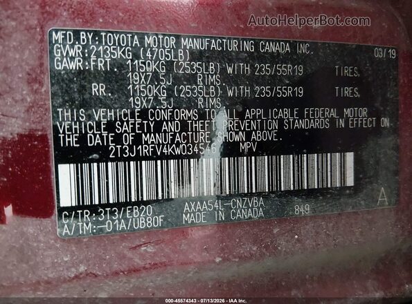 2T3J1RFV4KW034546 2019 TOYOTA RAV4 Red Widok komory silnika