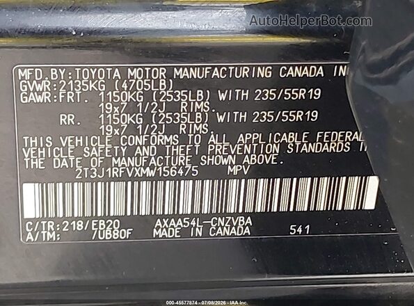 2T3J1RFVXMW156475 2021 TOYOTA RAV4 Black Вид підкапотного простору