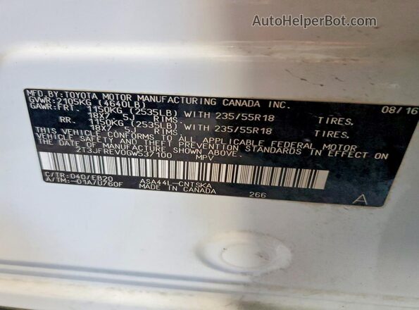 2T3JFREV0GW537100 2016 TOYOTA RAV4 White Vista de la etiqueta del VIN