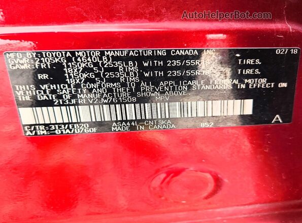 2T3JFREV2JW761508 2018 TOYOTA RAV4 Red Widok komory silnika