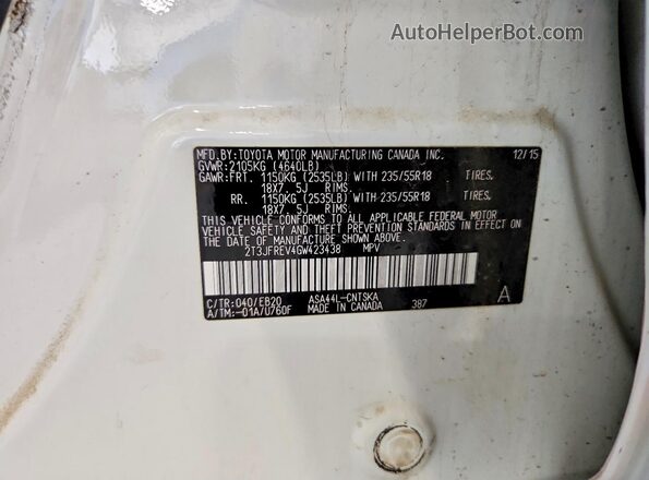 2T3JFREV4GW423438 2016 TOYOTA RAV4 Белый Вид подкапотного пространства
