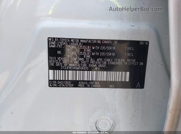 2T3JFREV4GW506920 2016 TOYOTA RAV4 White Vista del compartimento del motor