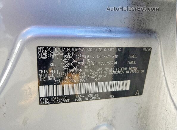 2T3JFREV5GW440927 2016 TOYOTA RAV4 Silver Вид наклейки з VIN-кодом