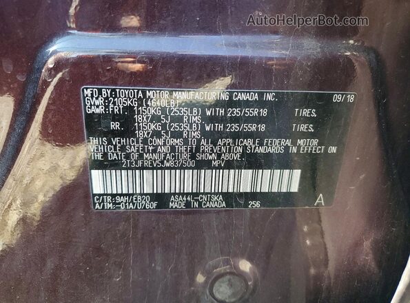 2T3JFREV5JW837500 2018 TOYOTA RAV4 Maroon Vista del compartimento del motor