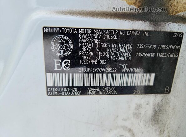 2T3JFREV7GW428522 2016 TOYOTA RAV4 White Vista de la etiqueta del VIN