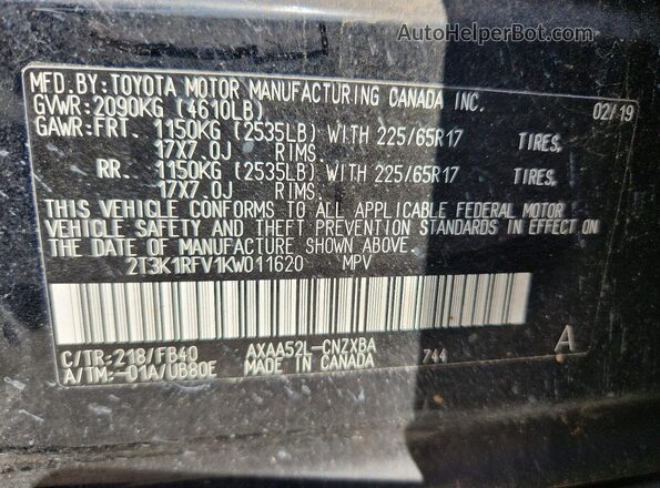 2T3K1RFV1KW011620 2019 TOYOTA RAV4 Black 360 interior view