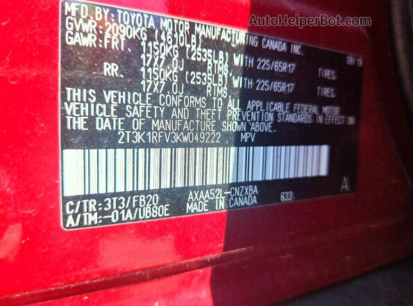 2T3K1RFV3KW049222 2019 TOYOTA RAV4 Red Vista de la etiqueta del VIN