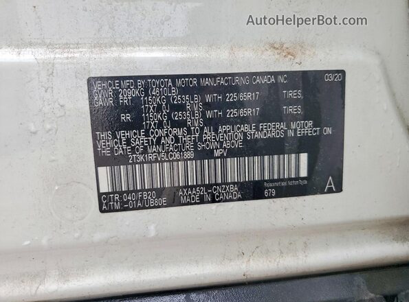 2T3K1RFV5LC061889 2020 TOYOTA RAV4 White Widok naklejki z numerem VIN