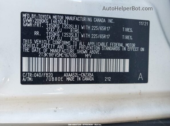 2T3K1RFV5MC167695 2021 TOYOTA RAV4 Белый Вид подкапотного пространства