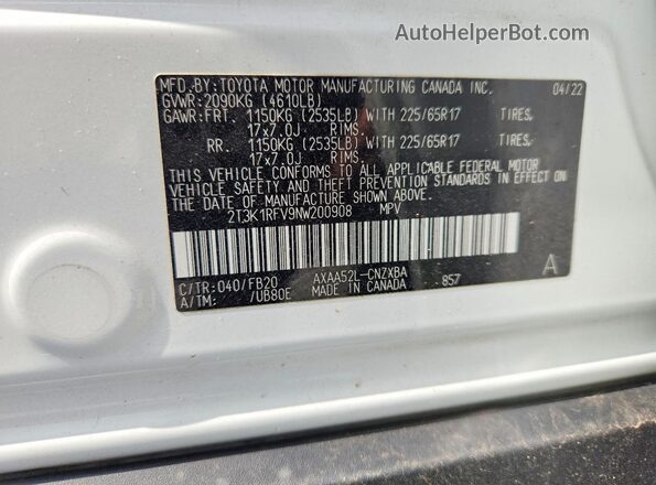 2T3K1RFV9NW200908 2022 TOYOTA RAV4 White Вид наклейки з VIN-кодом