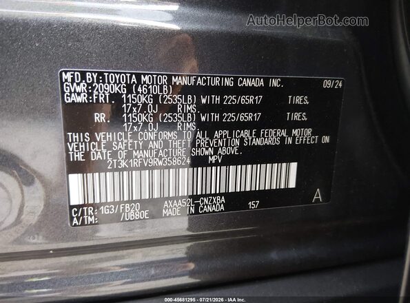 2T3K1RFV9RW358624 2024 TOYOTA RAV4 Gray Вид підкапотного простору