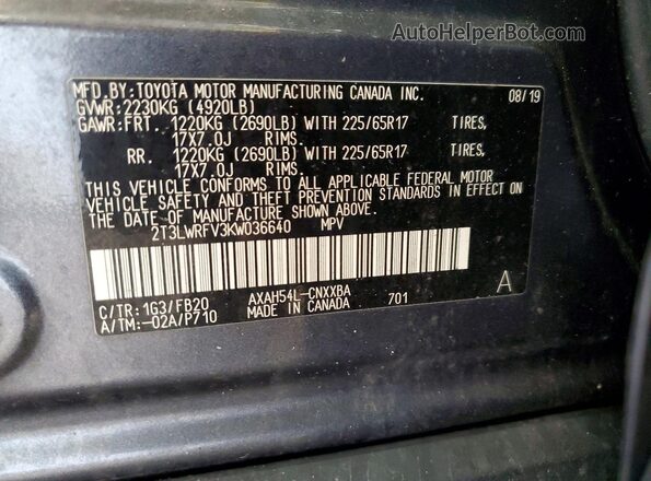 2T3LWRFV3KW036640 2019 TOYOTA RAV4 Серый Вид наклейки с VIN-кодом