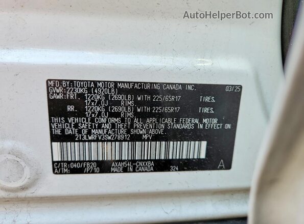 2T3LWRFV3SW278912 2025 TOYOTA RAV4 White Vista de la etiqueta del VIN