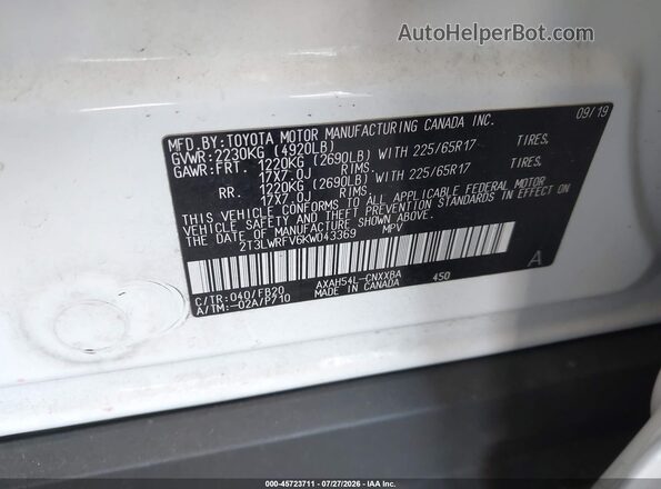 2T3LWRFV6KW043369 2019 TOYOTA RAV4 HYBRID White Вид підкапотного простору