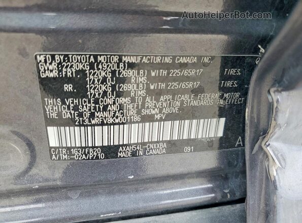 2T3LWRFV8KW001186 2019 TOYOTA RAV4 Gray VIN კოდის სტიკერის ხედი