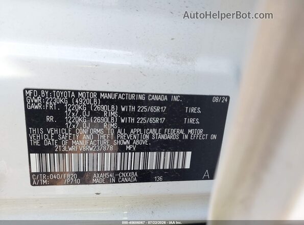 2T3LWRFV8RW237878 2024 TOYOTA RAV4 HYBRID White Շարժիչի բաժամունքի տեսք