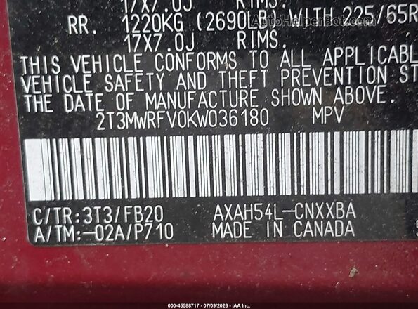 2T3MWRFV0KW036180 2019 TOYOTA RAV4 HYBRID Red Vista del compartimento del motor