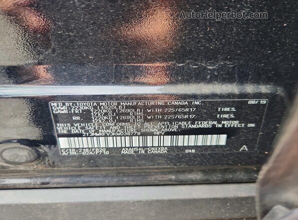 2T3MWRFV3KW038778 2019 TOYOTA RAV4 Черный Вид наклейки с VIN-кодом