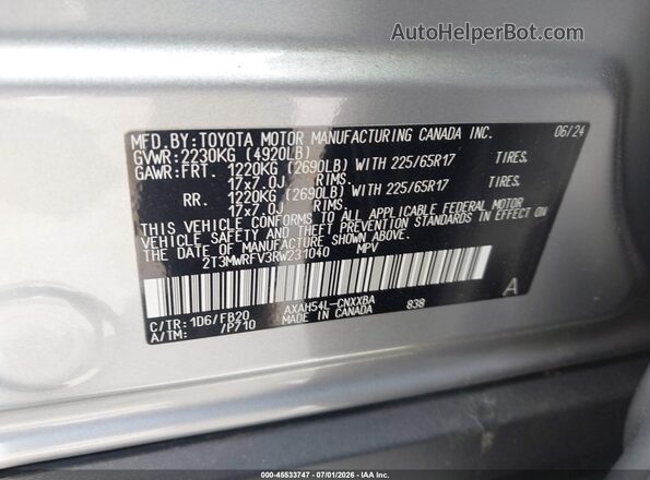 2T3MWRFV3RW231040 2024 TOYOTA RAV4 HYBRID Gray Շարժիչի բաժամունքի տեսք