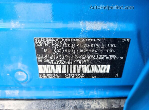 2T3MWRFV5KW001490 2019 TOYOTA RAV4 Blue ძრავის განყოფილების ხედი