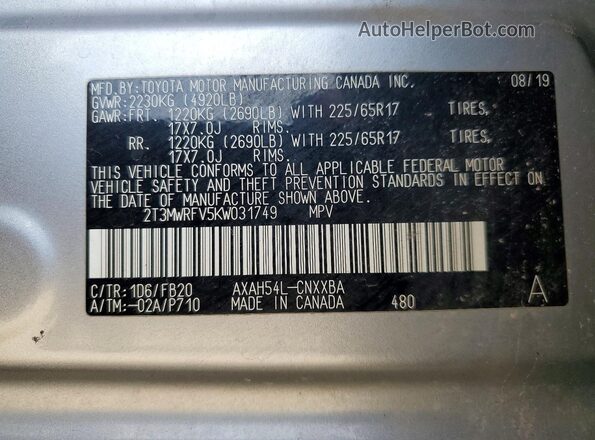 2T3MWRFV5KW031749 2019 TOYOTA RAV4 Silver Widok komory silnika