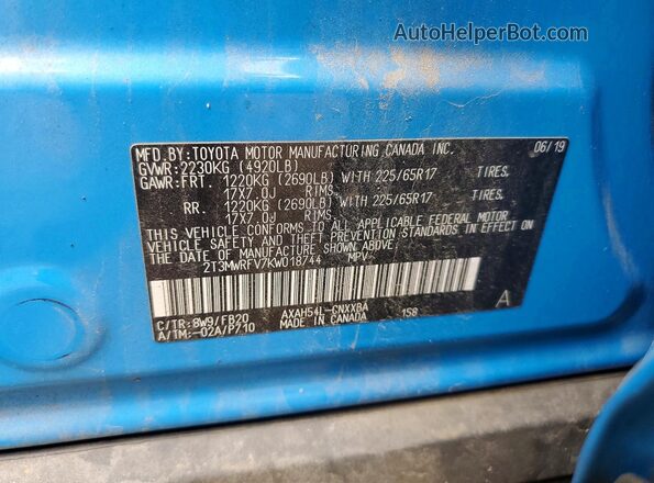 2T3MWRFV7KW018744 2019 TOYOTA RAV4 Blue Vista interior de 360 grados