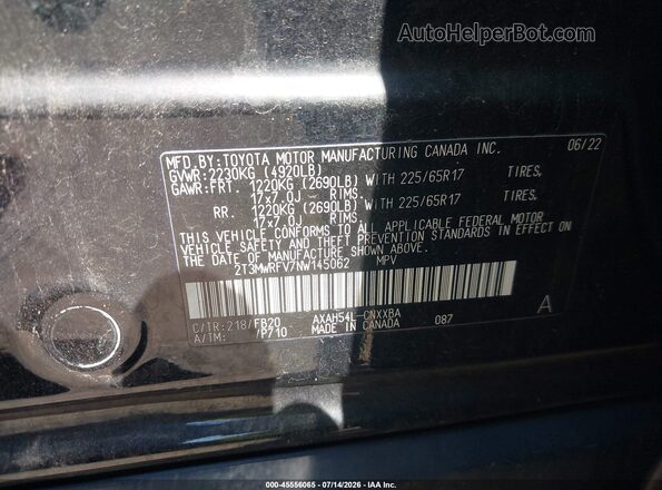 2T3MWRFV7NW145062 2022 TOYOTA RAV4 HYBRID Black ძრავის განყოფილების ხედი