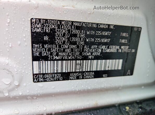 2T3MWRFV8LW047140 2020 TOYOTA RAV4 Белый Вид наклейки с VIN-кодом