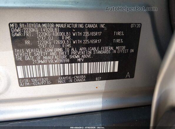 2T3MWRFV8LW096998 2020 TOYOTA RAV4 HYBRID Silver Widok komory silnika