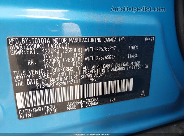 2T3MWRFV8MW117401 2021 TOYOTA RAV4 HYBRID Blue Engine compartment view