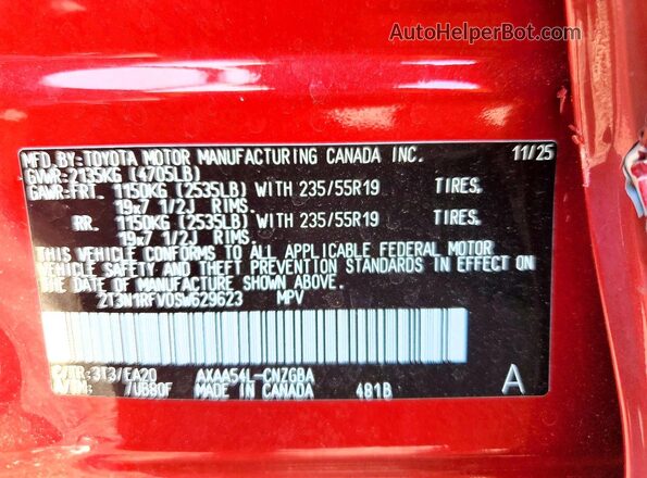 2T3N1RFV0SW629623 2025 TOYOTA RAV4 Red VIN კოდის სტიკერის ხედი