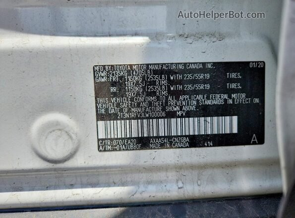 2T3N1RFV3LW100006 2020 TOYOTA RAV4 White Vista interior de 360 grados
