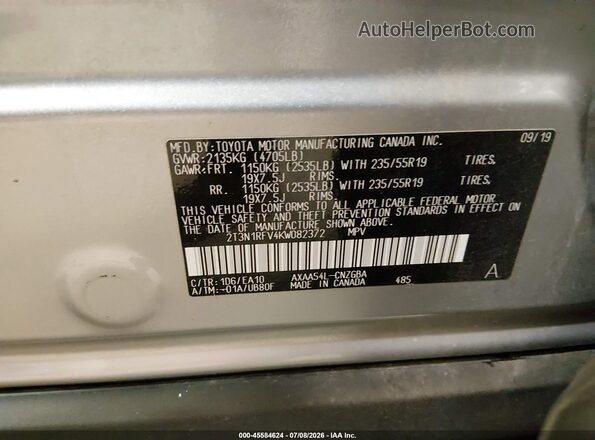 2T3N1RFV4KW082372 2019 TOYOTA RAV4 Gray Widok komory silnika
