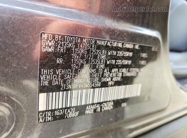 2T3N1RFV4SW554568 2025 TOYOTA RAV4 Gray VIN კოდის სტიკერის ხედი