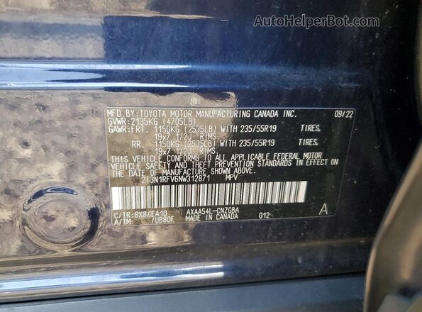 2T3N1RFV6NW312871 2022 TOYOTA RAV4 Blue Вид наклейки з VIN-кодом