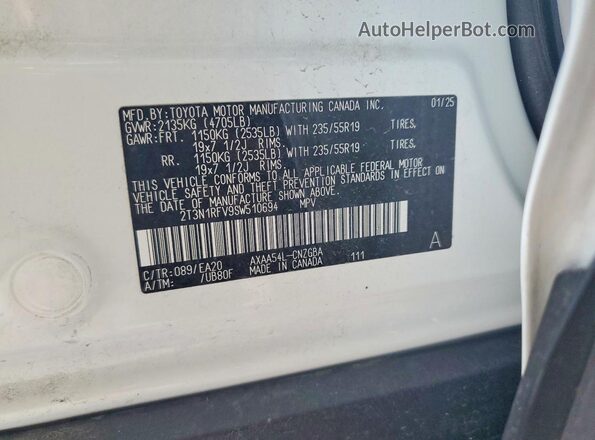 2T3N1RFV9SW510694 2025 TOYOTA RAV4 White VIN კოდის სტიკერის ხედი