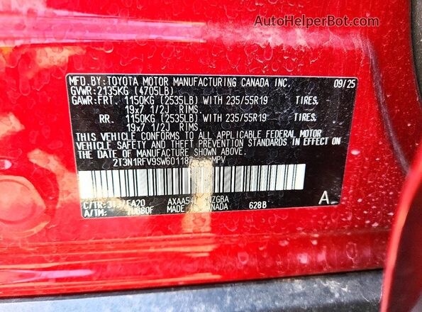 2T3N1RFV9SW601187 2025 TOYOTA RAV4 Red Vista de la etiqueta del VIN