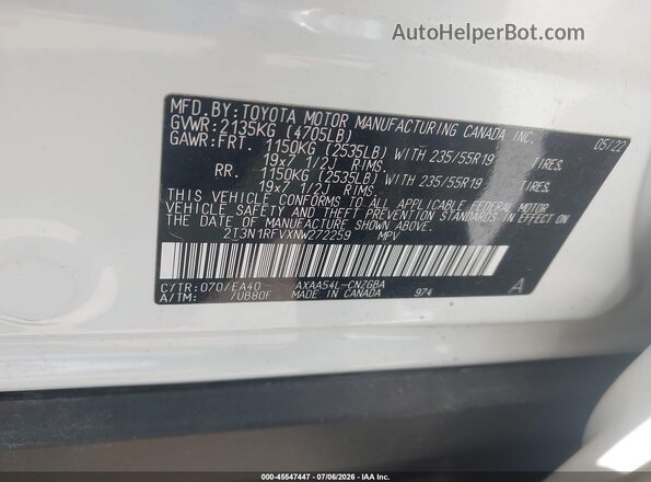 2T3N1RFVXNW272259 2022 TOYOTA RAV4 Белый Вид подкапотного пространства