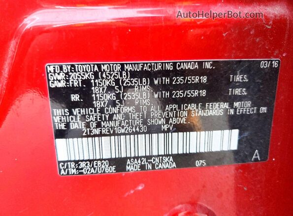2T3NFREV1GW264430 2016 TOYOTA RAV4 Red VIN კოდის სტიკერის ხედი