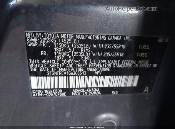 2T3NFREV1GW306613 2016 TOYOTA RAV4 Gray Vista del compartimento del motor
