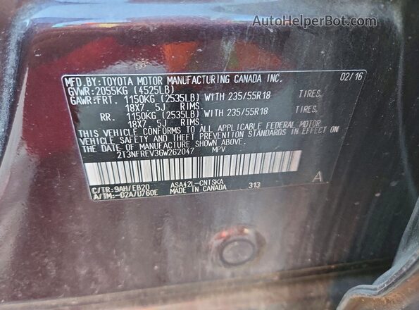 2T3NFREV3GW262047 2016 TOYOTA RAV4 Purple Вид наклейки з VIN-кодом